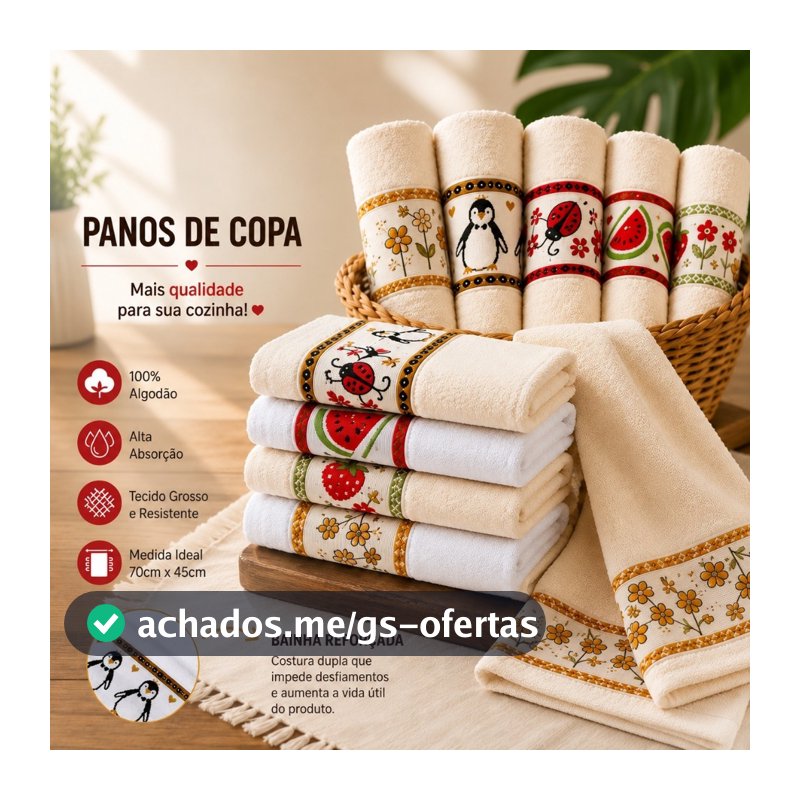 Kit 3 e 5 Panos de Copa Algodão Felpudo Alta Absorção para Cozinha Uso Diário Limpeza Doméstica