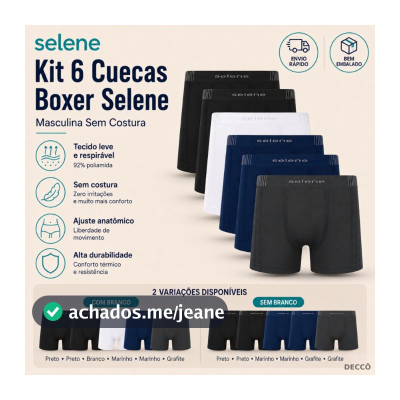 Kit 6 Cuecas Boxer Selene Sem Costura Masculina Poliamida Anatômica Confortável Respirável Dia a Dia