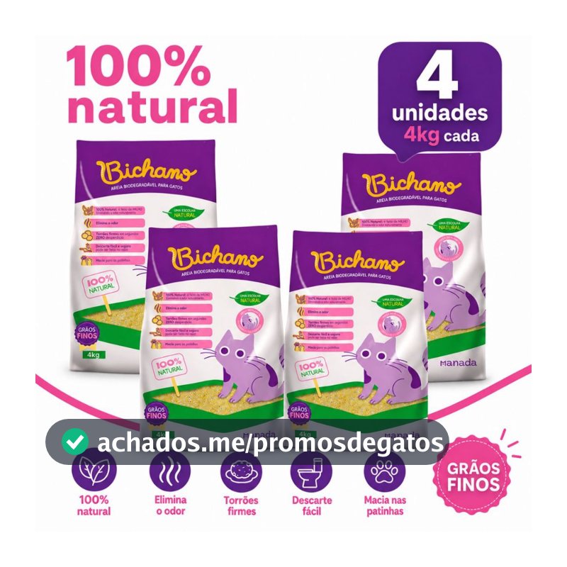 Kit 04 Unidades Areia Biodegradável Bichano Para Gatos Grãos Finos 16kg Manada Milho e Mandioca Gato