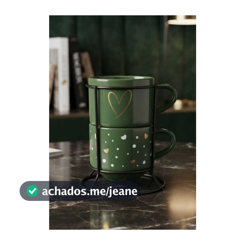 Kit 2 Xícaras café chá Empilhável 210ml em Porcelana Verde Decoração Coração Dourado + Suporte metálico