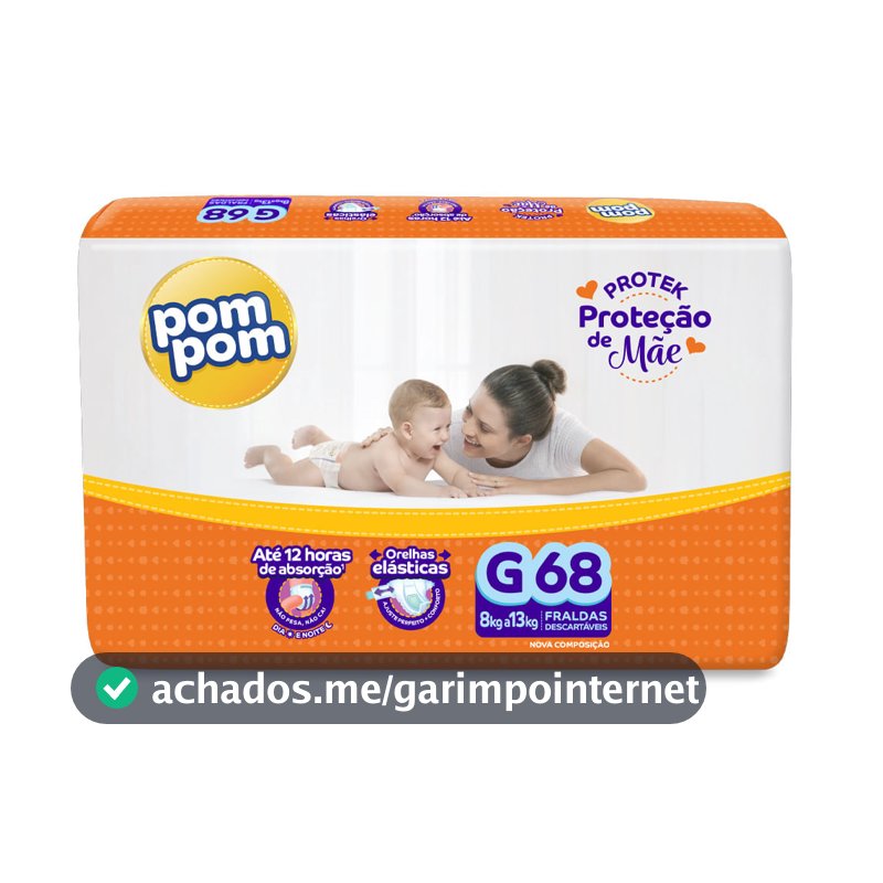 Fralda Descartável Pom Pom Protek Hiper G - 68 Unidades
