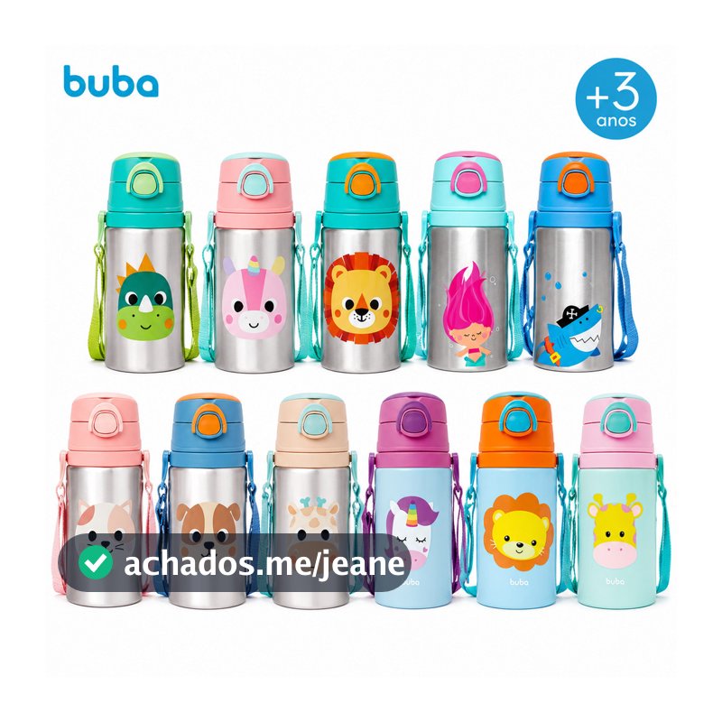 Garrafinha De Alumínio Animal Fun Buba Canudo De Silicone Garrafinha Escola Lanche Infantil Bebê