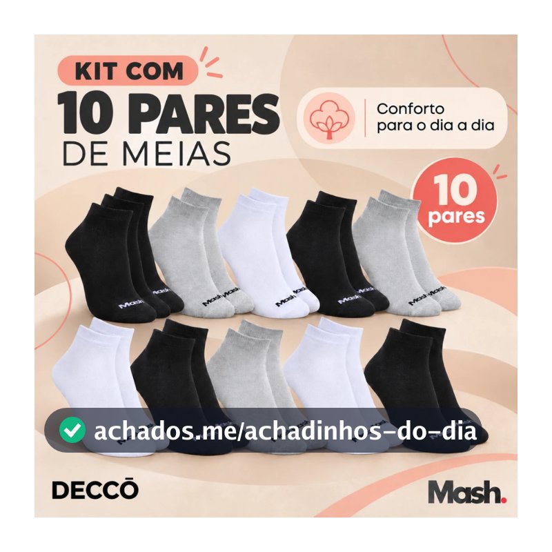 Kit Com 10 Pares de Meias Mash Sport em Algodão Cano Curto Unissex Original