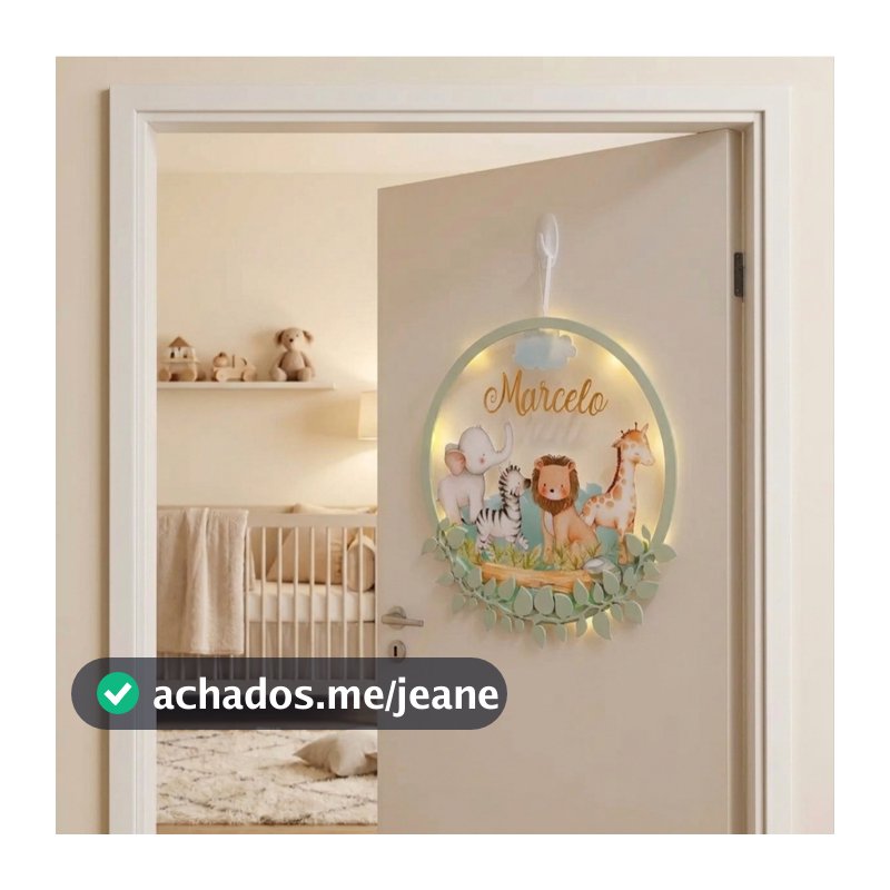 Porta Maternidade Personalizado com Nome | Safari Bebê, LED e Espelho