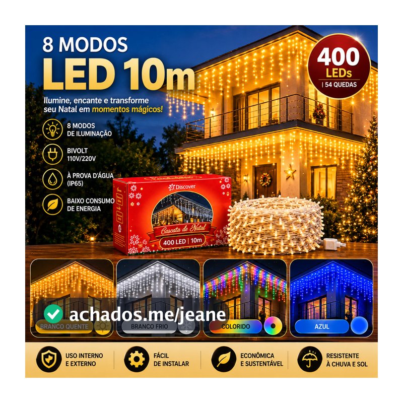 Cascata De LED 400 Leds 10m 8 Funções Com Macho E Fêmea Pisca Pisca Natalino Para Telhado Varanda 110v 220v