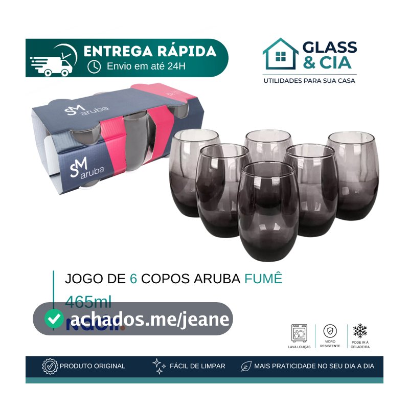 Jogo De Copos De Vidro Com 6 peças Fumê 465ml - Aruba Nadir