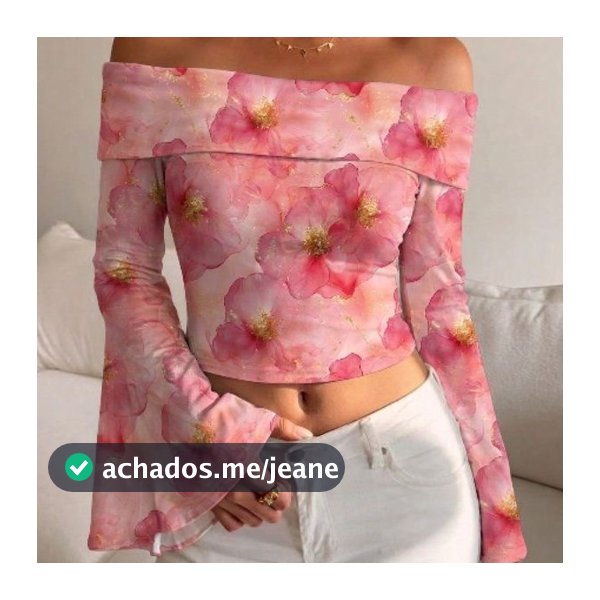 Cropped Ombro a Ombro Manga Longa Flare Sino Estampa Floral Rosa Dourado Malha Suede Feminino Blusa Romântica