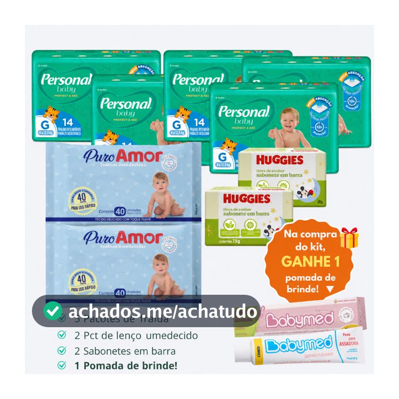Kit 5 Pacotes Fralda  Descartável Personal Baby + 2 Lenço Umedecido + 2 Sabonetes + 1 Pomada de Assadura