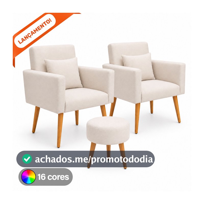 Kit 02 Poltronas para Sala Decorativa Nina com Almofada e Puff Redondo Pés Palito Suede Aninha Decor