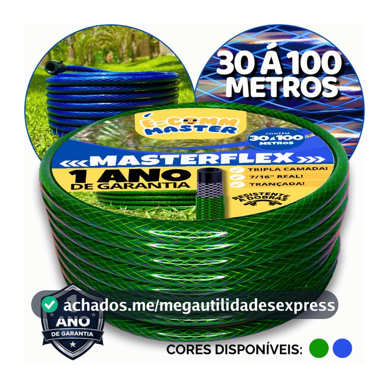 Mangueira de Jardim Verde e Azul 30m á 100m, Trançada Reforçada Tripla Camada, 7/16" Polegadas