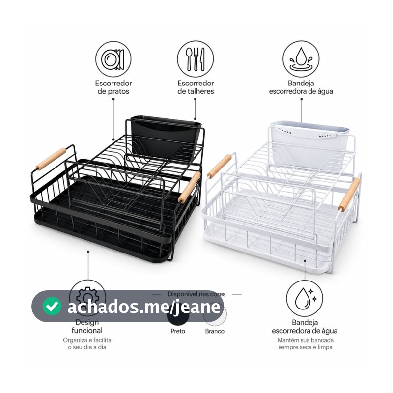 ESCORREDOR ORGANIZADOR DE LOUÇA COM PORTA TALHER E ALÇA DE BAMBU BRANCO PRETO 2 ANDARES - MEK