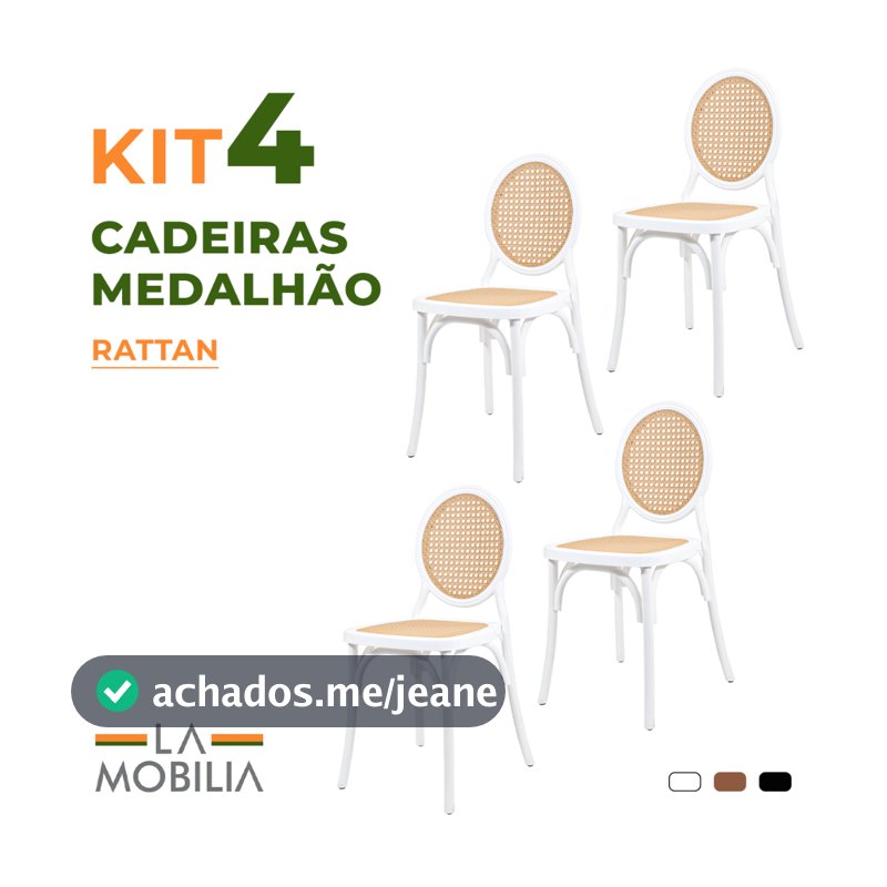 Kit 4 Cadeiras Medalhão Assento Rattan Polipropileno Jardim Varanda Área Externa e Interna Sala de Jantar