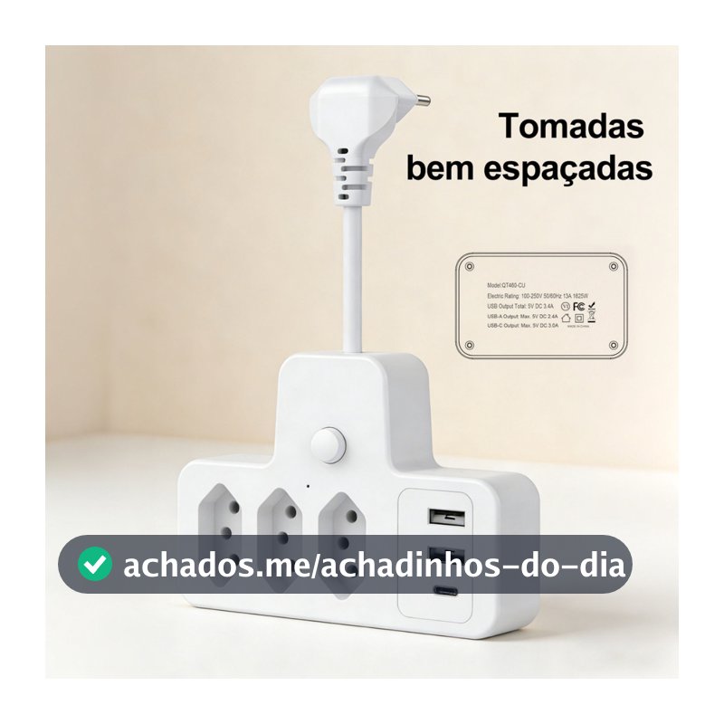 Extensão Elétrica Com Cabo 3 Tomadas Régua 3 USB 1 tipo-c