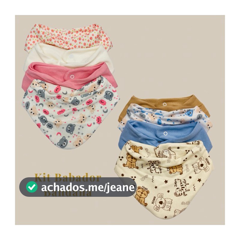 Kit com 5 Babador Bandana Bebê - Misto e Estampado Trcido Duplo Fecho de Pressão 100% Algodão