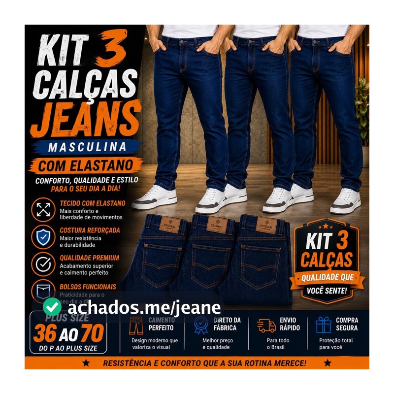 Kit 3 calça jeans masculina Tradicional com Elastano – Azul e Preto para Trabalho e Rodeio