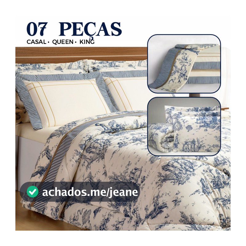 Edredom Dupla Face 07 Peças + Jogo Lençol Cama Casal Queen King Estampa Porcelana Azul/Marsalla
