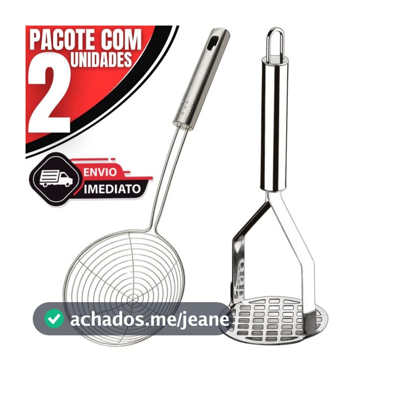 Kit 2 Utensílios de Cozinha Inox – Escumadeira de Fritura + Amassador de Batata