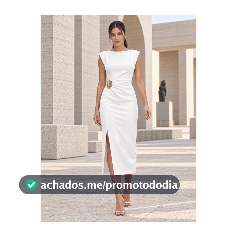 Vestido Midi Louis Twill Alfaiataria Luxo com Fenda e Zíper Invisível Broche Festa P M G REF 25108