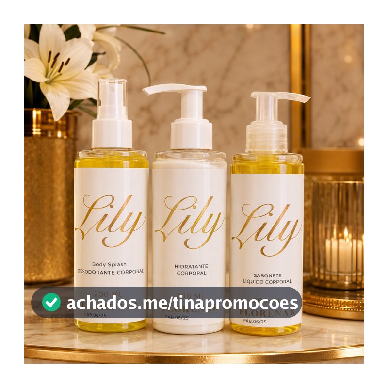 1 Kit Feminino Body Splash Lily  200Ml + 1 Hidratante 200ML + 1 Sabonete Líquido 200Ml com gliter