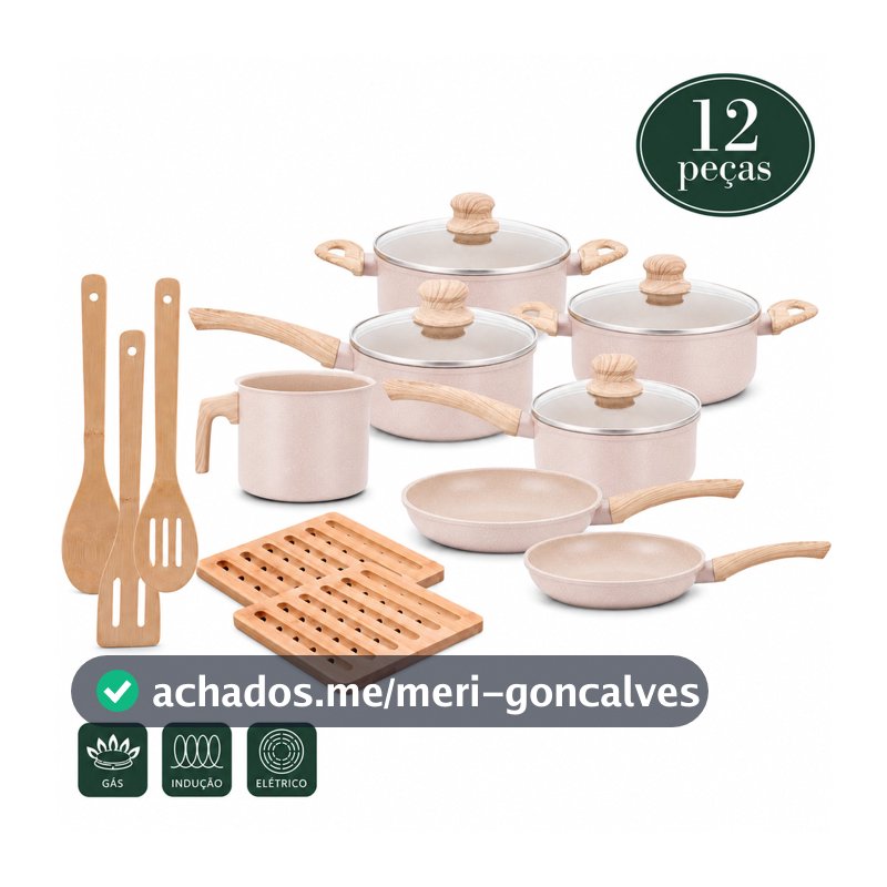 Kit Jogo de Panelas Antiaderente 12 Peças Indução Com Fundo Triplo Cerâmico Com Utensílios Bambu Ecoglide Tuut