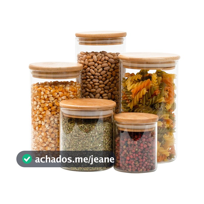 Kit 5 potes de vidro tampa de bambu herméticos redondos - Tüd