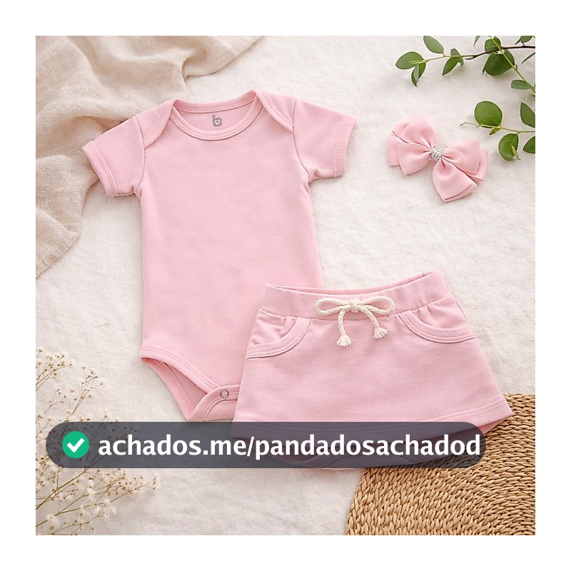 Conjunto de Bebê Menina Básico Dia a Dia Body + Saia + Laço 100% Algodão.