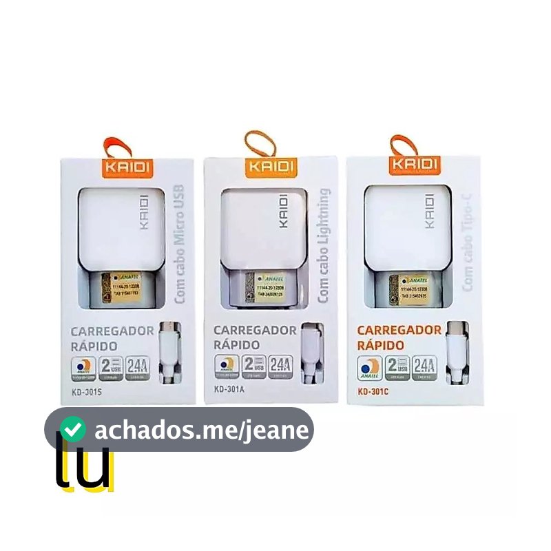 Carregador Turbo 2.4A USB×2 Com Cabo para Modelos V8/TYPE-C/IPHONE KAIDI KD-301 Original