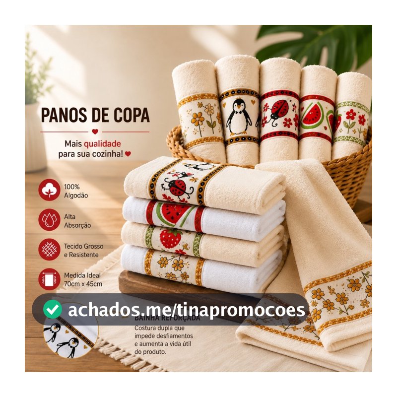 Kit 3 e 5 Panos de Copa Algodão Felpudo Alta Absorção para Cozinha Uso Diário Limpeza Doméstica