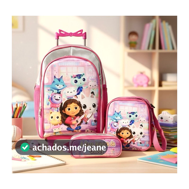Mochila Casa Magica Gabby Rodinhas Lancheira Termica estojo Mochila Gaby