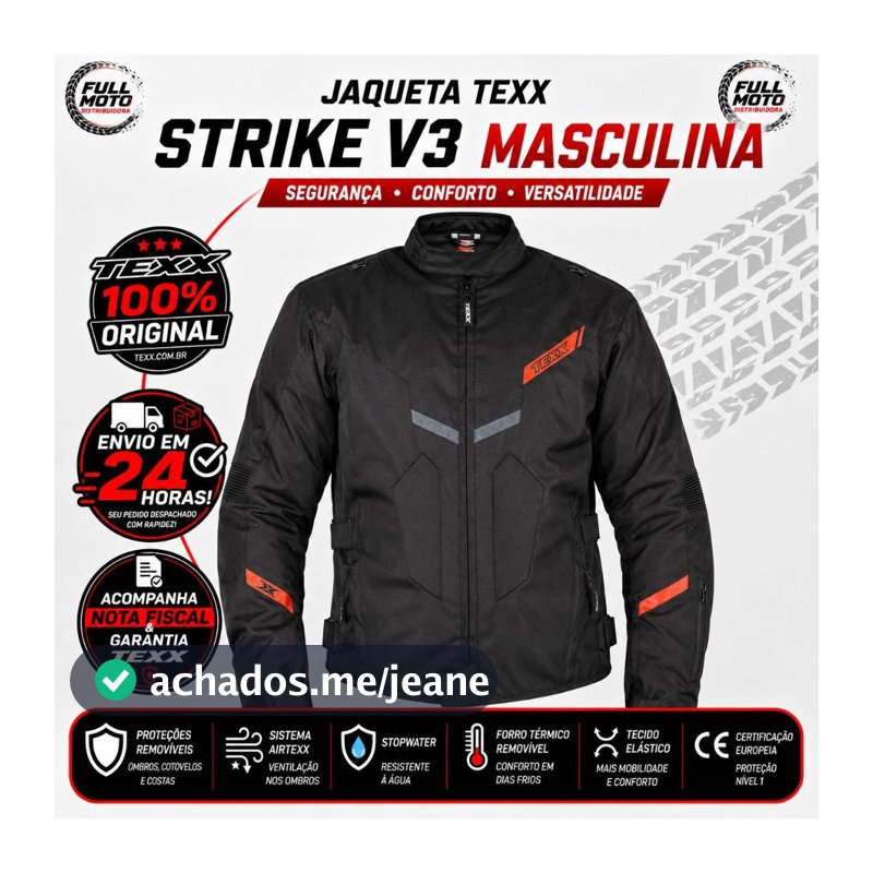 Jaqueta Texx New Strike V3 Masculina Preta Confortável Resistente a Chuva Moto