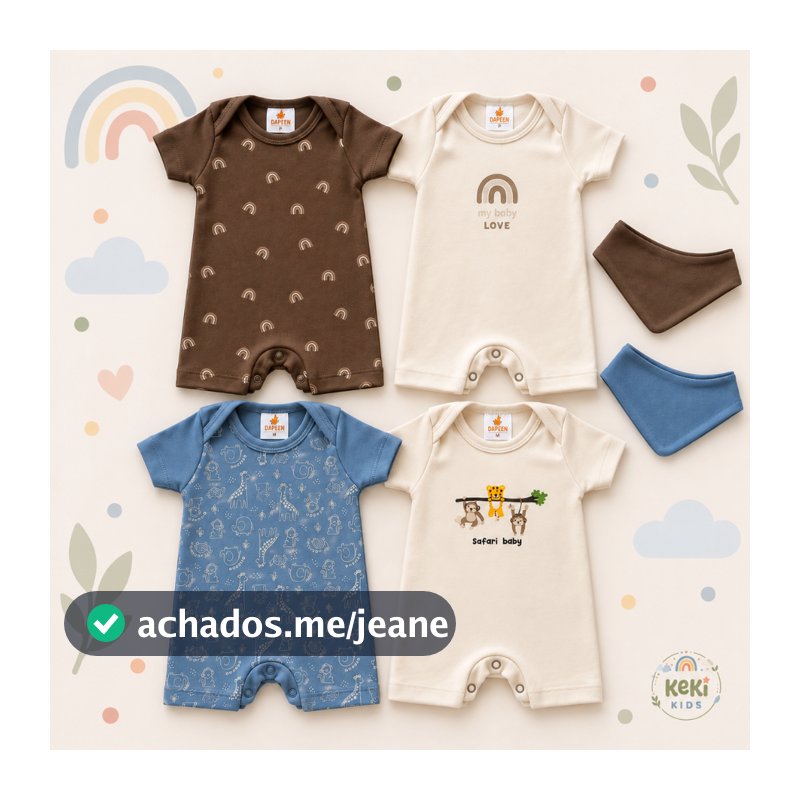Kit Macacão Bebê Romper Verão Menino 3 peças Tamanho P ao GG 100% algodão