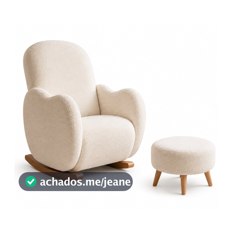 Poltrona Amamentação Base de Balanço Paris Luxo Orgânica Bouclé com Puff para Sala Moderna Opala Premium Bege-Azul