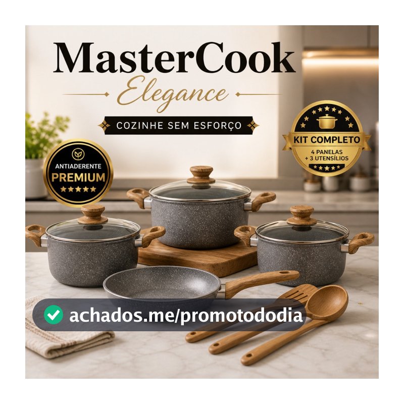 Kit Panelas Antiaderente 4 Peças + Utensílios Cozinha Completo MasterCook Elegance Set Revestimento Premium Fácil Limpez
