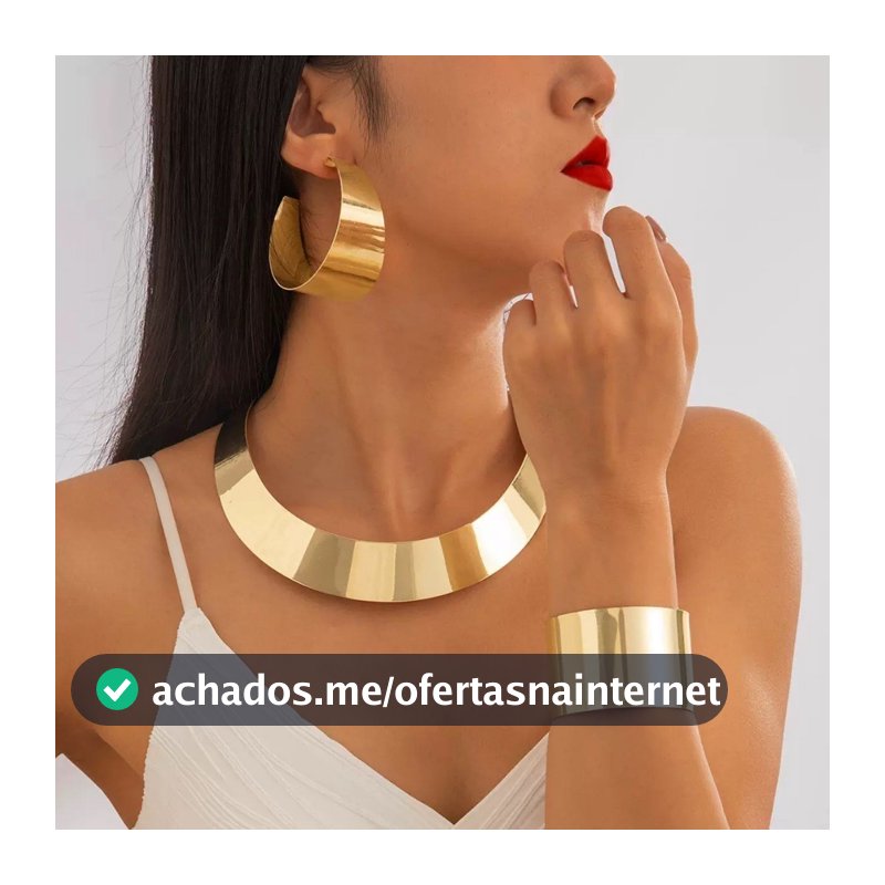 Conjunto Feminino Colar Gargantilha Brincos e Pulseira Geométricos Banhado Ouro 18K e Prata925