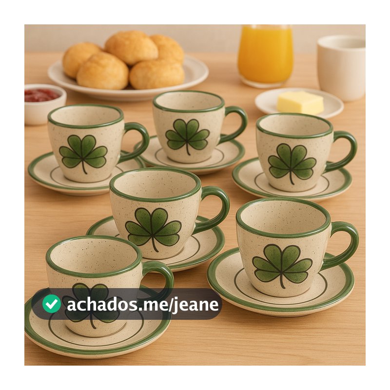 Conjunto 6 Xícaras de Café com Pires em Cerâmica Verde e Bege Estilo Rústico e Elegante
