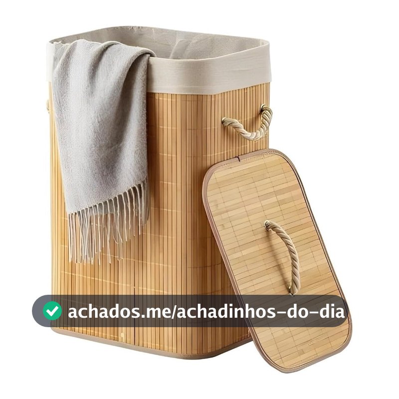 Cesto Roupa Bambu Retangular Redondo Com Tampa Cesto Oraganizador Roupa Suja Alças Bege