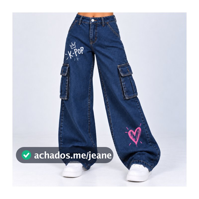 Calça cargo 2 bolsos lisa e estampada K-pop modinha jeans de menina premium
