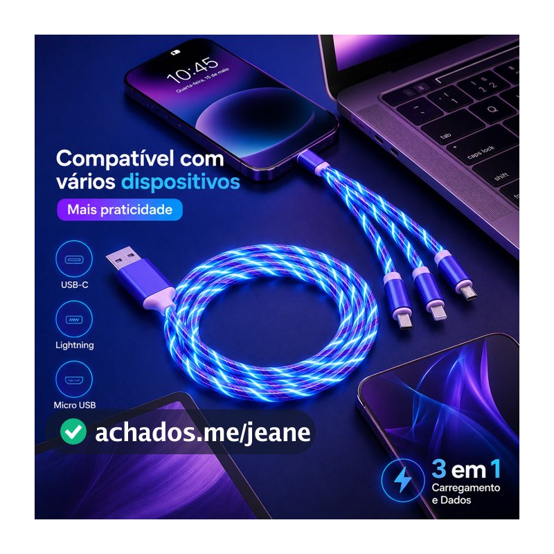 Cabo de dados LED RGB 3 em 1 trançado e durável compatível com carregamento rápido de dispositivos Apple Android Tipo C