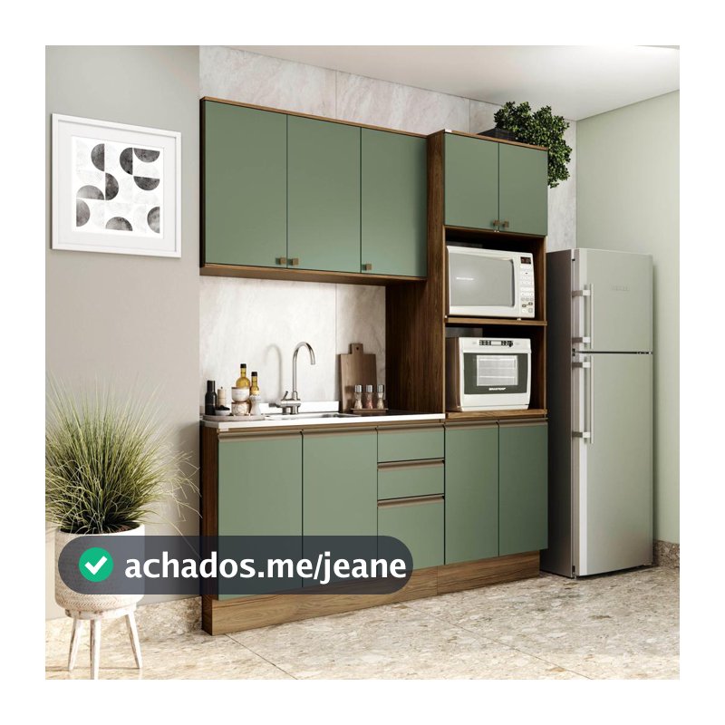 Cozinha Compacta Celeste Kappesberg 100% MDF Nogueira/Verde 190cm
