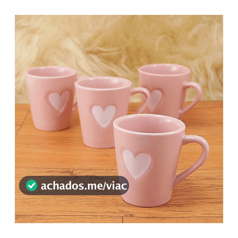 Kit 4 Xicaras Canecas Chá Café Porcelana 120 ml Rosa Coração Relevo Branco
