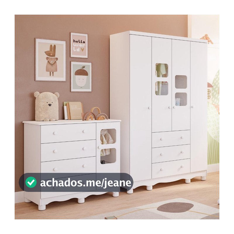 Quarto de Bebê Completo com Guarda Roupa Uli 4 Portas Cômoda Uli 4 Gavetas 100% MDF Faura