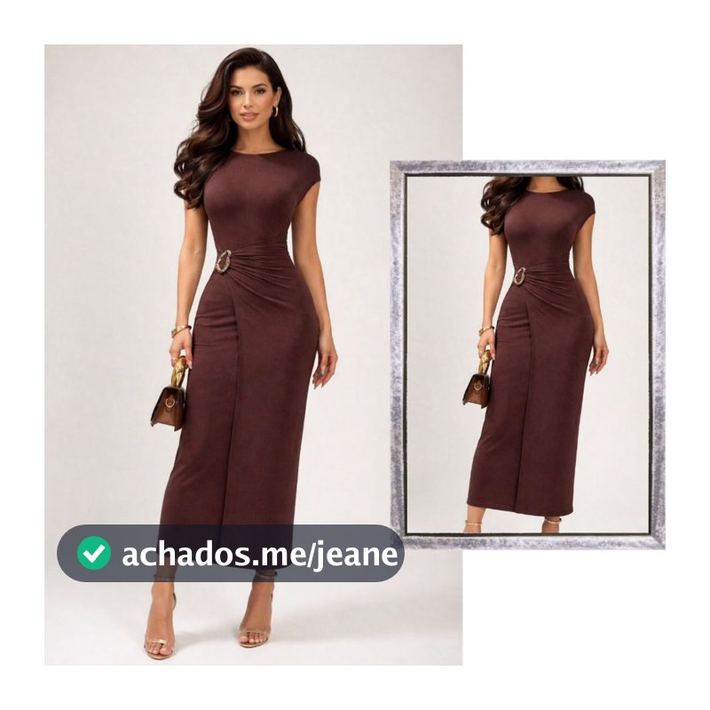 Vestido Midi Manga Transpassado com Fivela Tendência Premium