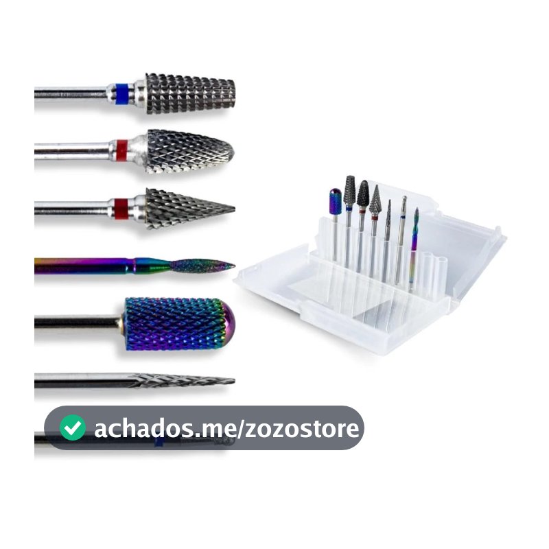 Kit 7 Brocas Tungstênio Diamantada + Caixa Suporte Broca Unhas Gel Fibra Alongamento Lixa Manicure