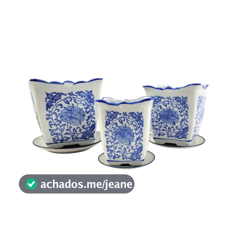 Vaso Decorativo Cachepot Azul E Branco Porcelana 3pç Dalian
