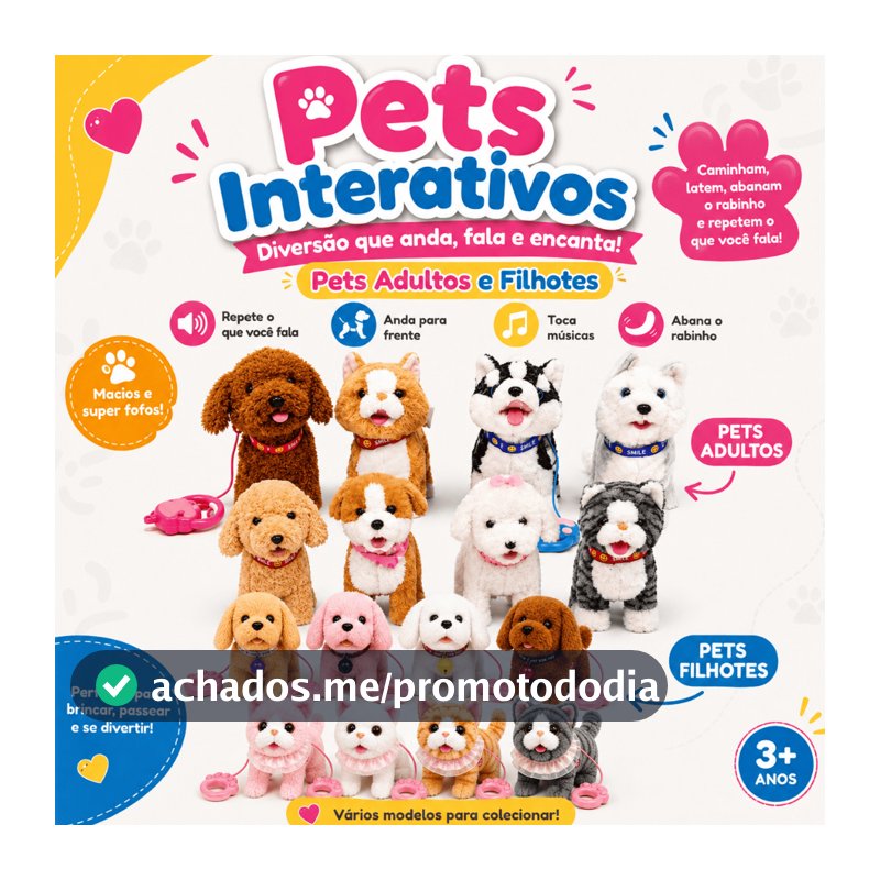 Pelucia Pet Cachorrinho e Gatinho ou Filhotes que Andam Late Lambe Abana o Rabo Fala Toca Musica Filhotinhos