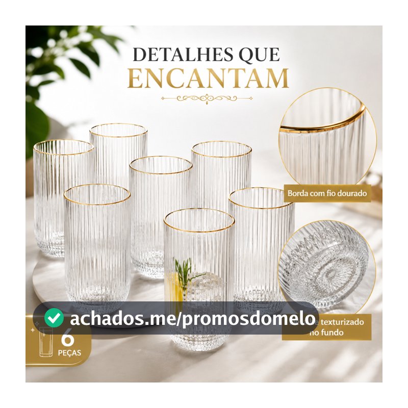 Kit 6 Copos de Vidro Versalhes Canelado 420ml Com e Sem Borda Dourada Água Suco Drink