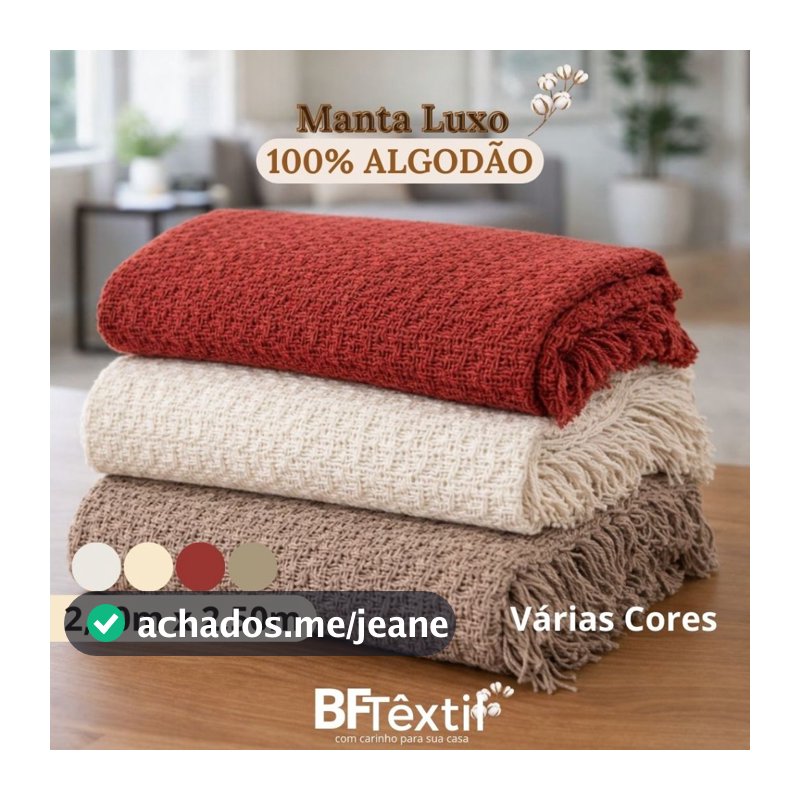Manta Luxo Cruzada 2,40m x 2,50m 100% Algodão Várias Cores