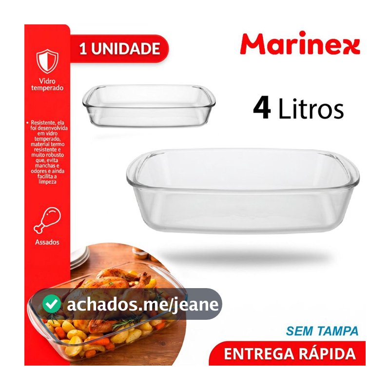 Travessa Lasanheira Marinex Assadeira de Vidro Temperado Retangular 4 litros forma Grande