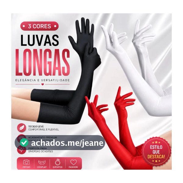 1 Par De Luva Longa curta para Festa Fantasia Carnaval Casamento Festas noturnas Branca/Preta/Vermelha