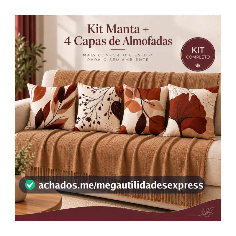 Kit Manta Decorativa P + 04 Capas de Almofadas Copa para Sala Decoração